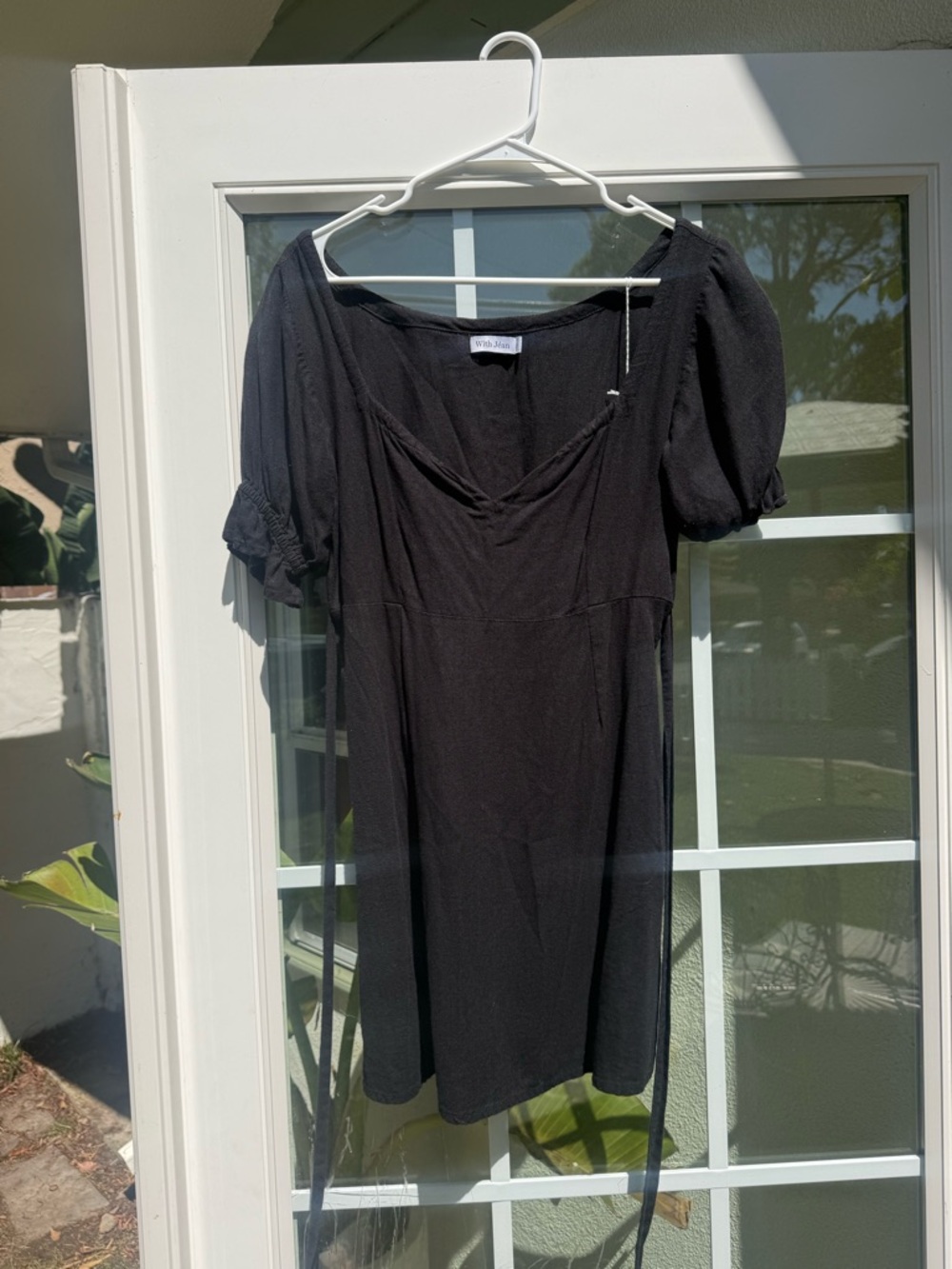 Withe Jean Black Puff-Sleeve Mini linen Dress